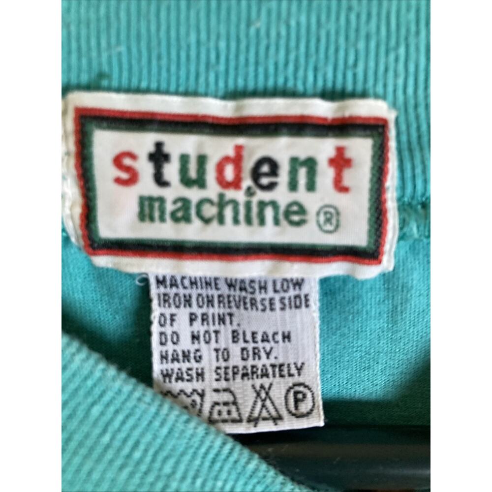 Vtg 90s Student Machine Graphic Tee Art Deco Lady Floral Hat Teal 100% cotton - Picture 2 of 11